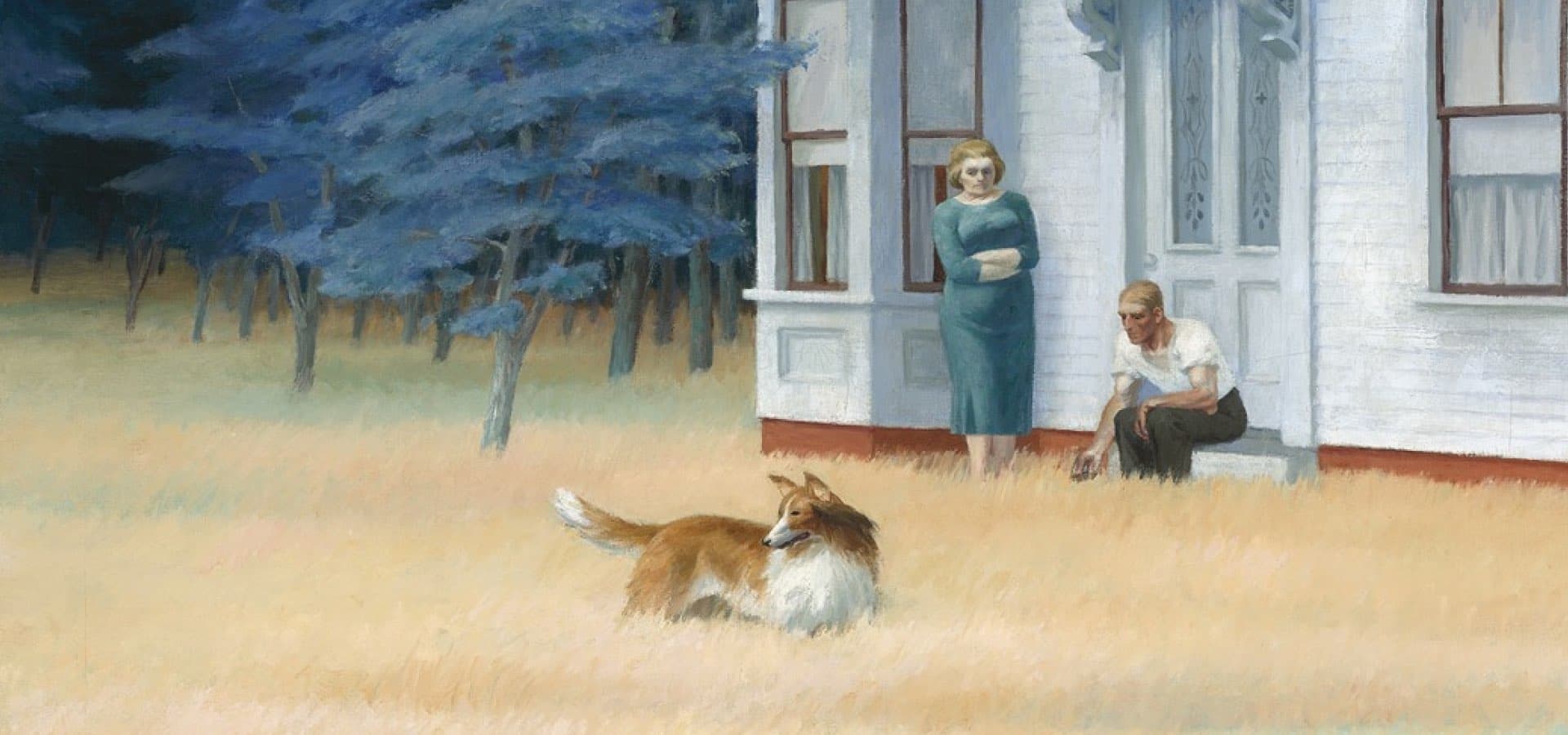 Conciliación contable y tributaria - dos figuras frente a la casa con perro guardián, metáfora del balance entre la lógica contable y la lógica tributaria